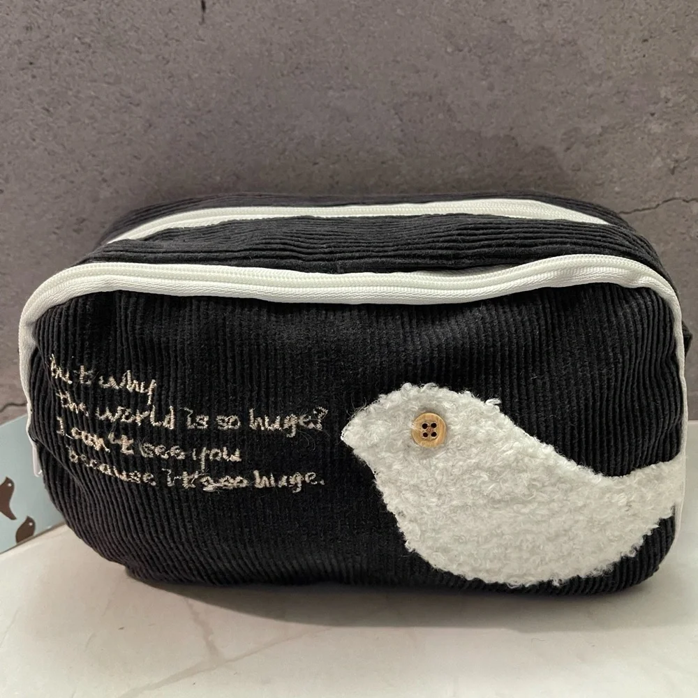 Adante iMark Black Corduroy Pouch White Bird Dead Stock RARE FIND Japan